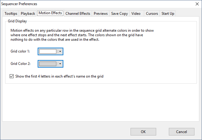The Sequencer Preferences - Motion Effects Tab