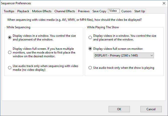 The Sequencer Preferences - Video Tab