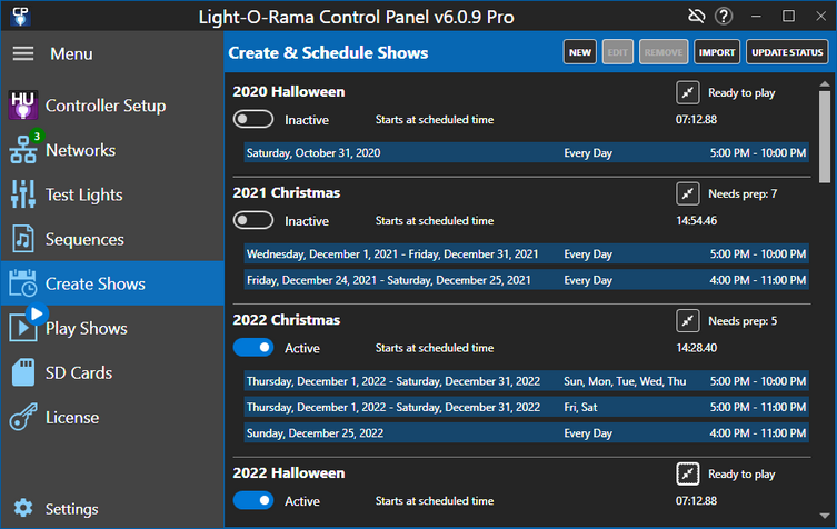 A list of 4 shows and their associated schedules