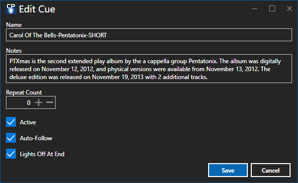 The Cue dialog