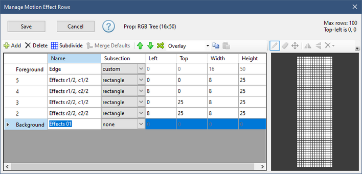 The Motion Effect Rows Dialog