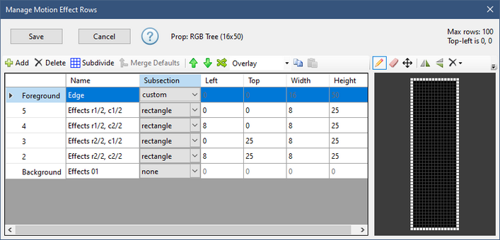 Defining a custom set of pixels to be controlled by the motion effect row