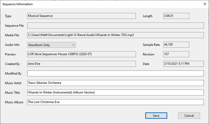 The Sequence Information dialog
