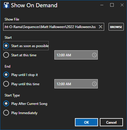 The Show On Demand dialog
