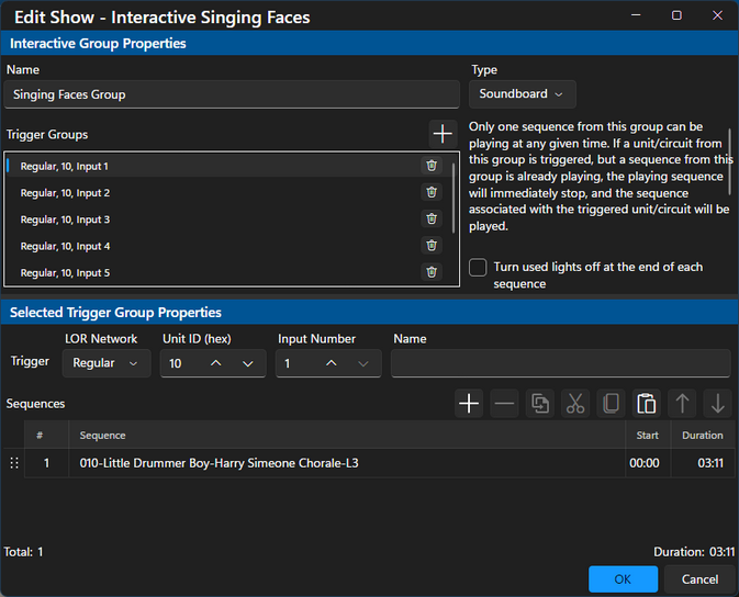 An Interactive Group with a set of triggers. The first trigger is selected and is associated with the sequence "Little Drummer Boy".