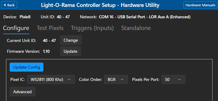 Pixie Controller configuration screen