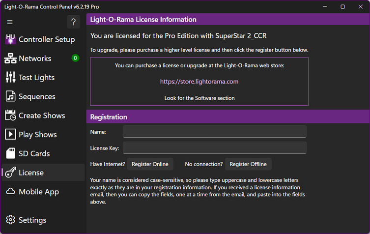 The Control Panel's license section