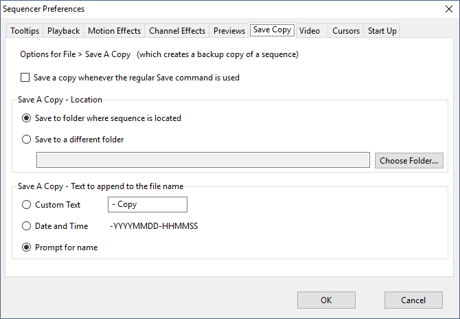 The Sequencer Preferences - Save Copy Tab