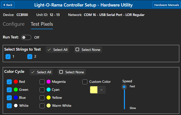 The Test Pixels tab for Pixies and Cosmic Color Devices