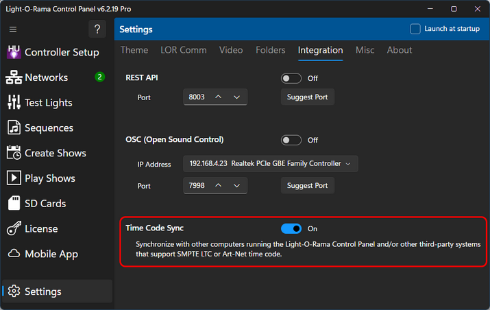 Time Code Sync enabled