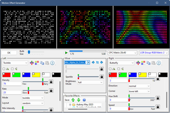 The transparency of the twinkle effect on the left is applied to the colors of the Butterfly effect on the right