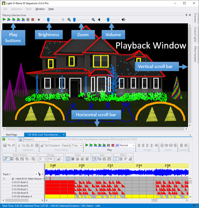 The Playback Window displaying a simulation of the lights while the sequence is being played