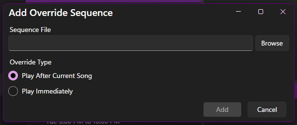 The Override Sequence dialog