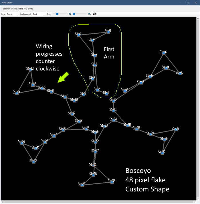 Boscoyo 48 pixel snowflake, Wiring view - front
