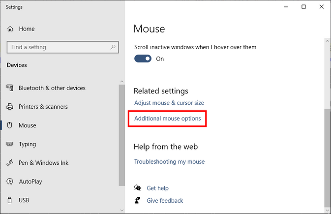 Windows 10 Mouse Settings