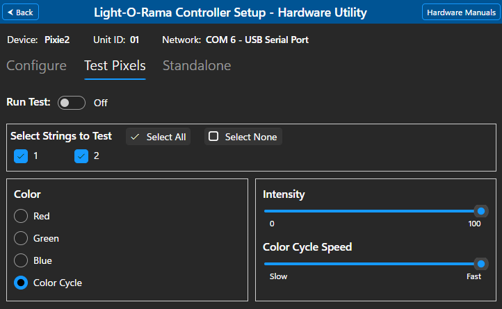 The Test Pixels tab for Pixies and Cosmic Color Devices