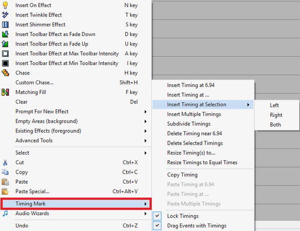 Right-click menu with the Timing Mark sub-menu open