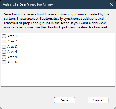 The Automatic Grid Views For Scenes dialog