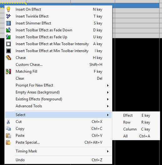Right-click context menu with Select sub-menu shown