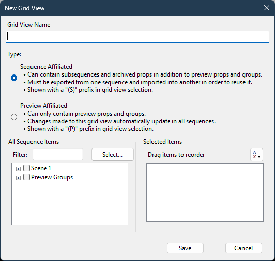 The New Grid View dialog