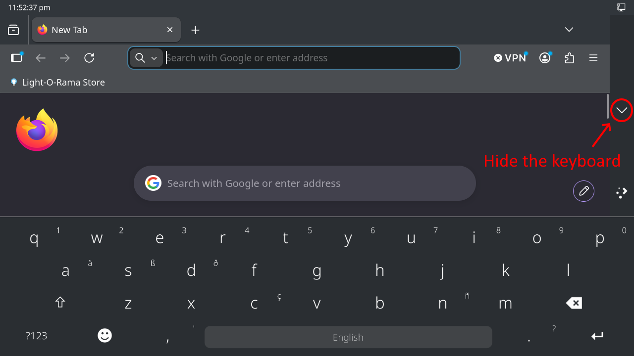 System keyboard shown with the Firefox web browser