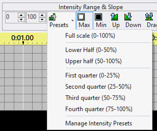 Presets Menu. Upper and lower half are built-in, the quarters are presets.