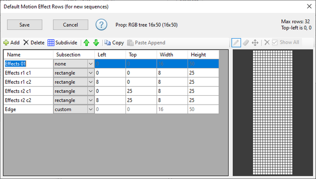 The Motion Effect Rows Dialog