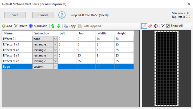 Defining a custom set of pixels to be controlled by the motion effect row