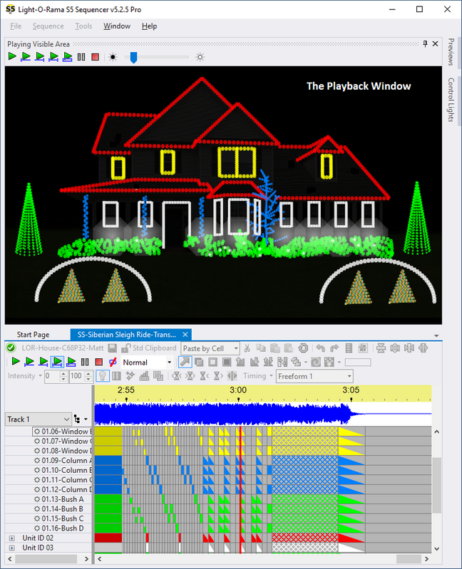 The Playback Window displaying a simulation of the lights while the sequence is being played