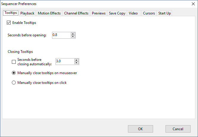 Sequencer Preferences - Tooltips Tab