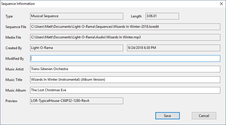 The Sequence Information dialog