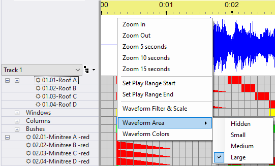 Waveform area height set to large and the right-click menu displayed