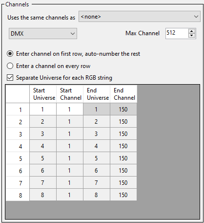 The Channels section (DMX device type)