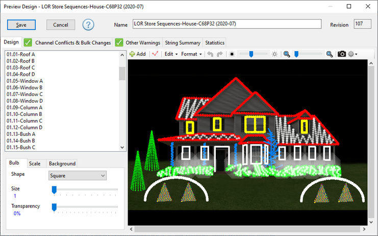 The Preview Design window with lights drawn on top of a background photo of a house