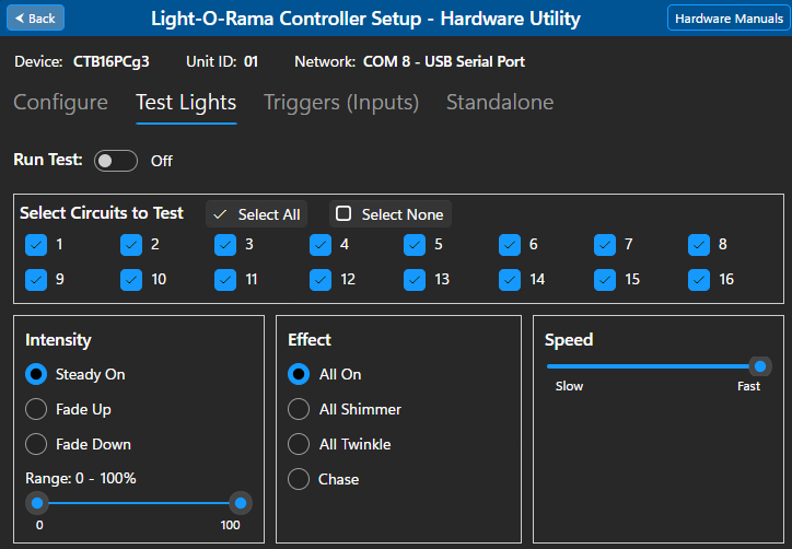 The Test Lights tab
