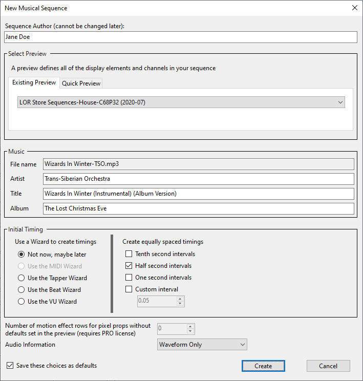 The New Musical Sequence dialog