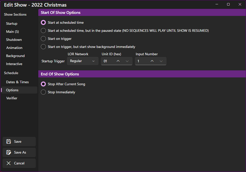 Show Options section Show Options section