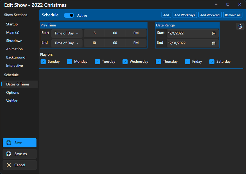 A single schedule entry that will run from 5pm to 10pm for the month of December 2022 A single schedule entry that will run from 5pm to 10pm for the month of December 2022
