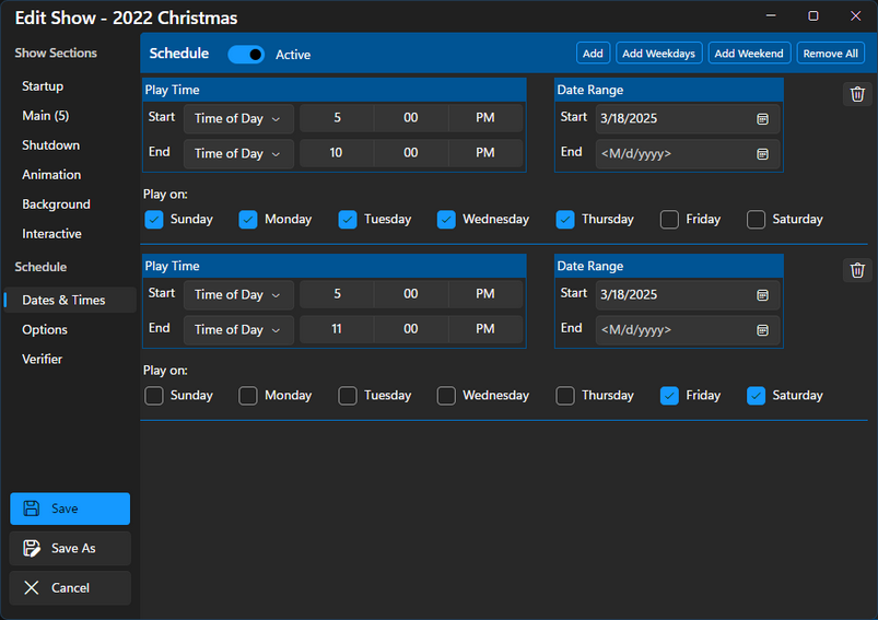 The schedule after pressing the "Add Weekdays" and "Add Weekend" buttons The schedule after pressing the "Add Weekdays" and "Add Weekend" buttons