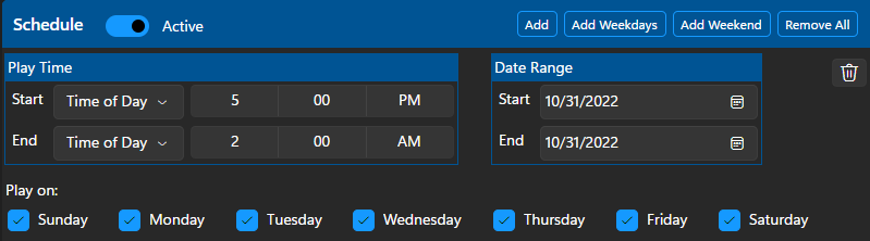 A single schedule entry that will run from 5pm on 31 Oct 2022 until 2am on 1 Nov 2022 A single schedule entry that will run from 5pm on 31 Oct 2022 until 2am on 1 Nov 2022
