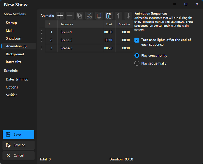 The Animation section, with 3 sequences that will play concurrently The Animation section, with 3 sequences that will play concurrently