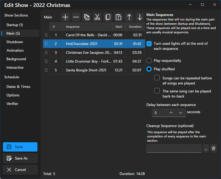 The Main section, shuffled playback, with a 5 second delay between sequences The Main section, shuffled playback, with a 5 second delay between sequences