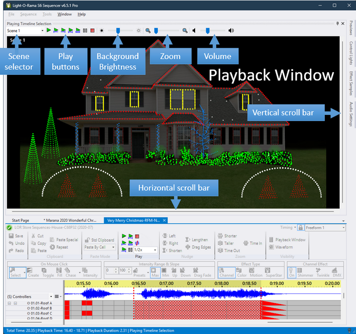 The Playback Window displaying a simulation of the lights while the sequence is being played