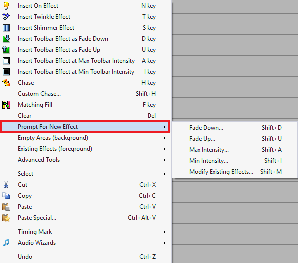 Right-click menu with the Prompt For New Effect sub-menu open Right-click menu with the Prompt For New Effect sub-menu open