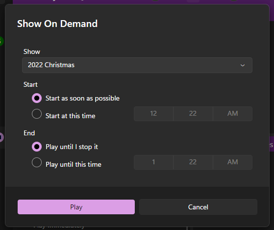 The Show On Demand dialog The Show On Demand dialog