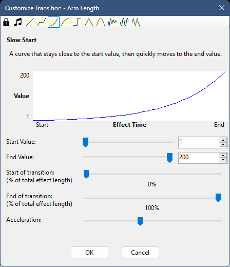Customizing a slider transition. Here we are customizing Arm Length (as shown in the window title).