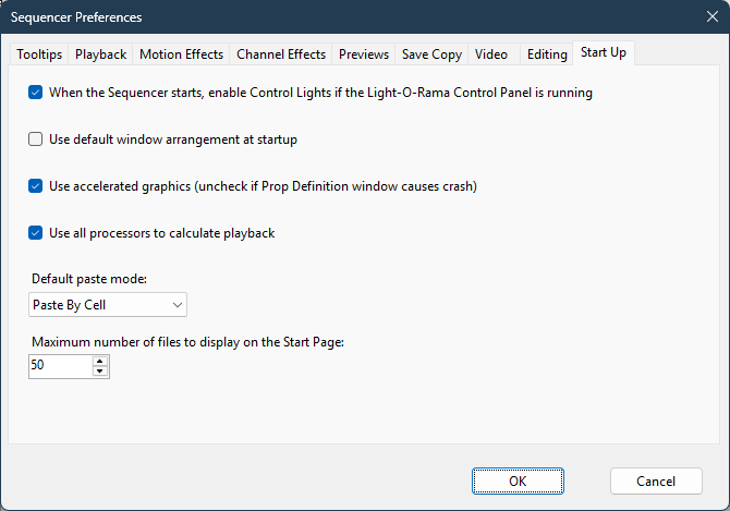 The Sequencer Preferences - Start Up Tab